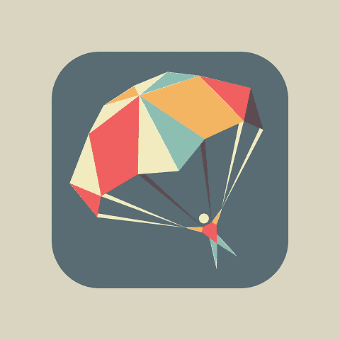 Abstract flat geometric icon with a skydiver flying with an open parachute, symbol of extreme sports, fun or safety